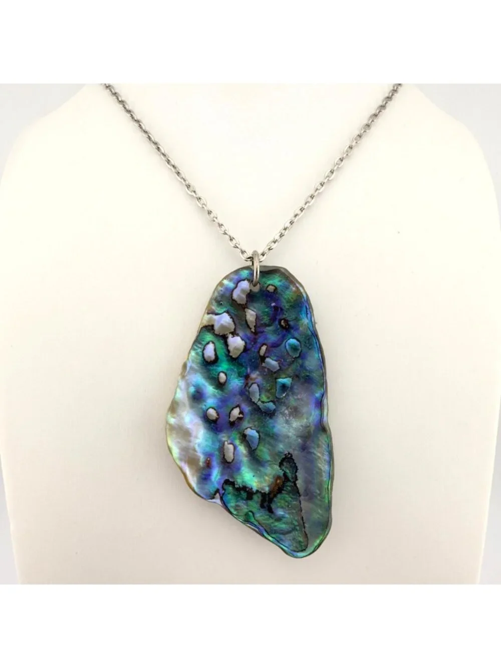 Natural Abalone Shell Pendant Necklace Silver Tone Chain Iridescent 24